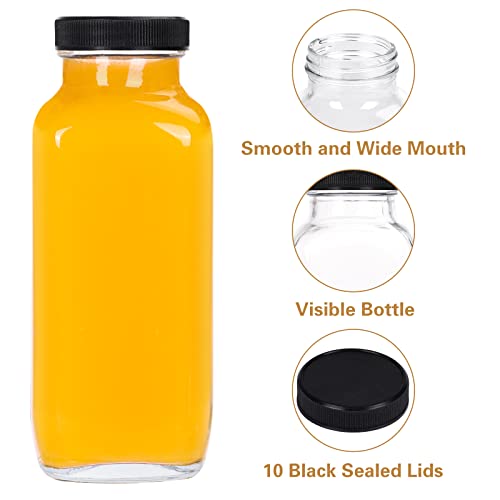 Moretoes 6 Pack 16oz Glass Juice Bottles with Lids Reusable Glass Square Beverages Drinking Jars with Tamper-proof Black Caps for Travel Milk Water Tea Honey Kombucha Smoothie Boba