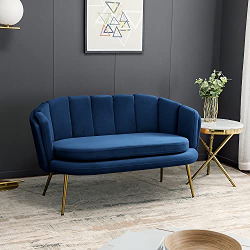 HULALA HOME 54.3" Loveseat Sofa with Gold Legs, Modern 2-Seater Sofa for Living Room Bedroom, Comfy Upholstered Love Seat Small Couch with Channel Stitching Back, Navy