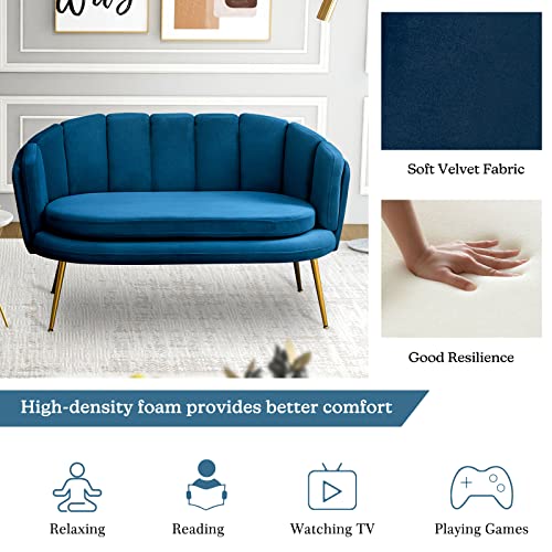 HULALA HOME 54.3" Loveseat Sofa with Gold Legs, Modern 2-Seater Sofa for Living Room Bedroom, Comfy Upholstered Love Seat Small Couch with Channel Stitching Back, Navy