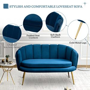 HULALA HOME 54.3" Loveseat Sofa with Gold Legs, Modern 2-Seater Sofa for Living Room Bedroom, Comfy Upholstered Love Seat Small Couch with Channel Stitching Back, Navy