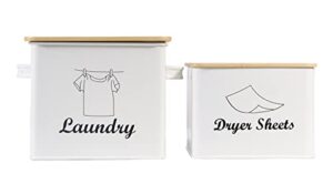 xbopetda set of laundry powder bin & dryer sheets holder, laundry detergent powder storage box with scoop, wooden lid & handles, metal laundry dryer sheet dispenser for laundry room decor-white