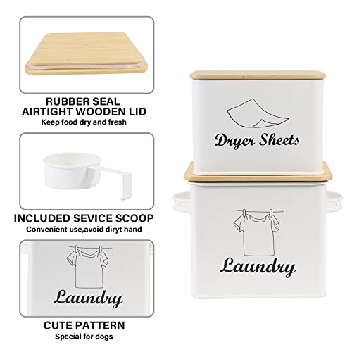 Xbopetda Set of Laundry Powder Bin & Dryer Sheets Holder, Laundry Detergent Powder Storage Box with Scoop, Wooden Lid & Handles, Metal Laundry Dryer Sheet Dispenser for Laundry Room Decor-White