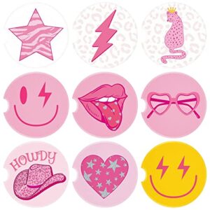 newtay 9 pcs preppy car coasters with finger notch aesthetic smile lip lightning bolt leopard absorbent ceramic coasters with cork base preppy aesthetic car drinks coasters for auto accessories, pink