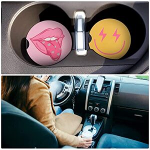 Newtay 9 Pcs Preppy Car Coasters with Finger Notch Aesthetic Smile Lip Lightning Bolt Leopard Absorbent Ceramic Coasters with Cork Base Preppy Aesthetic Car Drinks Coasters for Auto Accessories, Pink