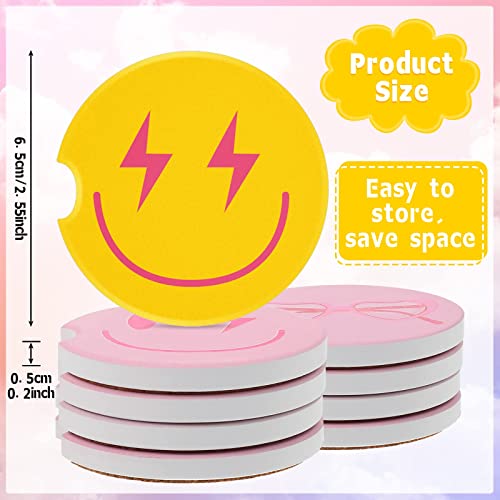 Newtay 9 Pcs Preppy Car Coasters with Finger Notch Aesthetic Smile Lip Lightning Bolt Leopard Absorbent Ceramic Coasters with Cork Base Preppy Aesthetic Car Drinks Coasters for Auto Accessories, Pink