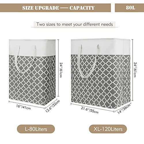 TOTANKI 2-Pack Laundry Basket, 80L Large Laundry Hamper with Long Reinforced Handles, Freestanding Waterproof Storage Basket, Collapsible Clothes Hamper for Bedroom, Bathroom, Dorm (Grey)