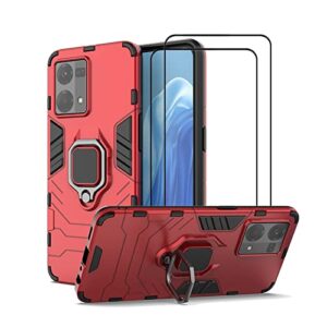 compatible with oppo reno 7 4g case kickstand with tempered glass screen protector [2 pieces], hybrid heavy duty armor dual layer anti-scratch phone case cover, red