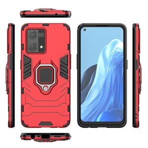 Compatible with Oppo Reno 7 4G Case Kickstand with Tempered Glass Screen Protector [2 Pieces], Hybrid Heavy Duty Armor Dual Layer Anti-Scratch Phone Case Cover, Red