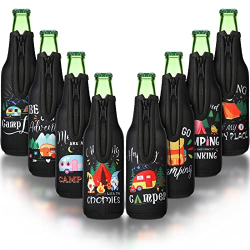 Summer Beer Bottle Insulator Sleeve with Zipper Neoprene Insulated Bottle Jackets Keep Warm and Cold Beer Bottle Sleeves with Stitched Fabric Edges for Party (8 Piece, Vivid Style)