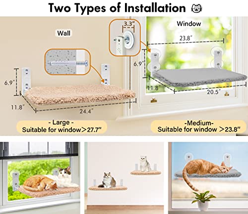 Zoratoo Cordless & Foldable Cat Window Perch with Metal Frame and Reversible Cover for Indoor Cats, Two Types of Installation Cat Hammock with Anchors&Screws for Wall and 4 Suction Cups for Window (M)