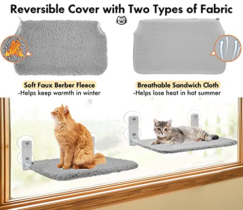 Zoratoo Cordless & Foldable Cat Window Perch with Metal Frame and Reversible Cover for Indoor Cats, Two Types of Installation Cat Hammock with Anchors&Screws for Wall and 4 Suction Cups for Window (M)