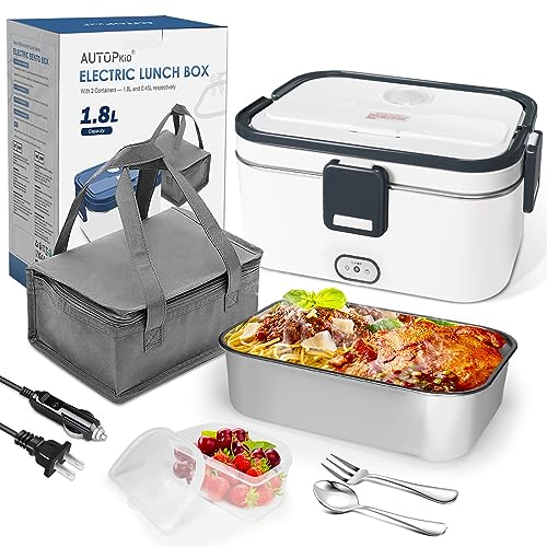 AUTOPkio Electric Lunch Box 1.8L, 12V 24V 110V Heated Lunchbox Food Warmer for Car Home Truck Driver Work, Removable Stainless Steel Container, Fork & Spoon (Grey)