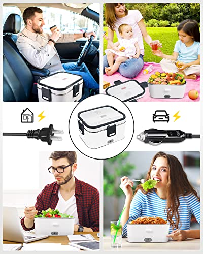 AUTOPkio Electric Lunch Box 1.8L, 12V 24V 110V Heated Lunchbox Food Warmer for Car Home Truck Driver Work, Removable Stainless Steel Container, Fork & Spoon (Grey)