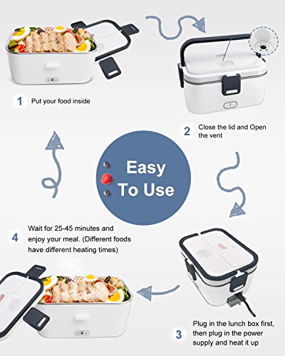 AUTOPkio Electric Lunch Box 1.8L, 12V 24V 110V Heated Lunchbox Food Warmer for Car Home Truck Driver Work, Removable Stainless Steel Container, Fork & Spoon (Grey)