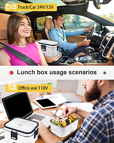 AUTOPkio Electric Lunch Box 1.8L, 12V 24V 110V Heated Lunchbox Food Warmer for Car Home Truck Driver Work, Removable Stainless Steel Container, Fork & Spoon (Grey)