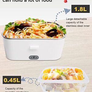 AUTOPkio Electric Lunch Box 1.8L, 12V 24V 110V Heated Lunchbox Food Warmer for Car Home Truck Driver Work, Removable Stainless Steel Container, Fork & Spoon (Grey)