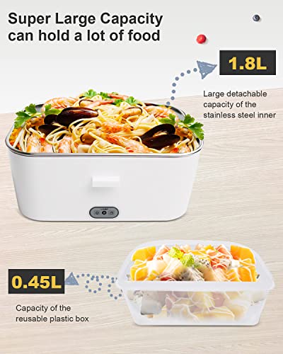 AUTOPkio Electric Lunch Box 1.8L, 12V 24V 110V Heated Lunchbox Food Warmer for Car Home Truck Driver Work, Removable Stainless Steel Container, Fork & Spoon (Grey)