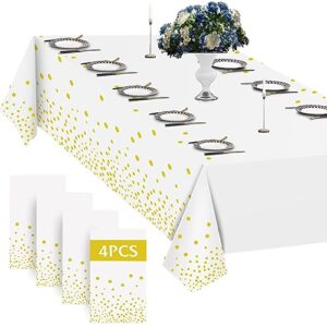 4 pack plastic table cloth cover for parties disposable, white and gold tablecloth for 8 foot rectangle tables, birthday wedding graduation mather valentine's day easter party supplies decorations