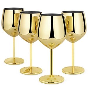 lifecapido stainless steel wine glasses set of 4, 18oz stainless steel wine goblets, stemmed metal wine glasses with cup brush for party office wedding anniversary, great for red white wine (gold)