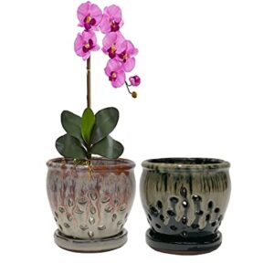 Orchid Pots with Holes 4.33 inch Ceramic Orchid Planter White and Black (Set of 2)