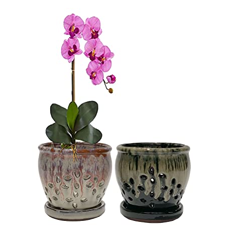 Orchid Pots with Holes 4.33 inch Ceramic Orchid Planter White and Black (Set of 2)