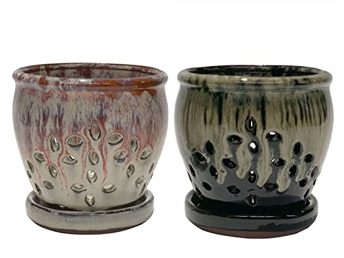 Orchid Pots with Holes 4.33 inch Ceramic Orchid Planter White and Black (Set of 2)