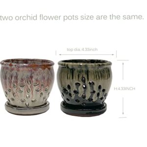 Orchid Pots with Holes 4.33 inch Ceramic Orchid Planter White and Black (Set of 2)