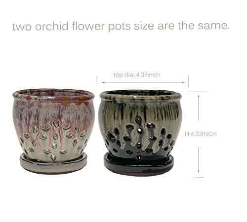 Orchid Pots with Holes 4.33 inch Ceramic Orchid Planter White and Black (Set of 2)