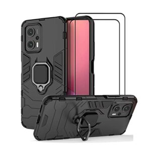 compatible with xiaomi poco x4 gt case kickstand with tempered glass screen protector [2 pieces], hybrid heavy duty armor dual layer anti-scratch phone case cover, black
