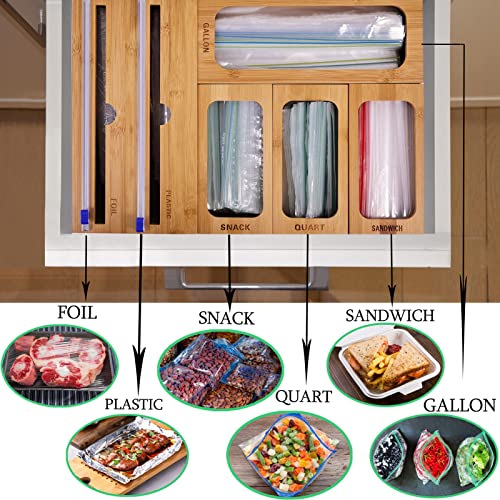 Ziplock Bag Storage Organizer and Plastic Wrap Dispenser with Cutter, New 2 in 1 Plastic Bag Organizer for Kitchen Drawer, Foil and Plastic Wrap Organizer, Suitable for Gallon, Quart, Sandwich Bag