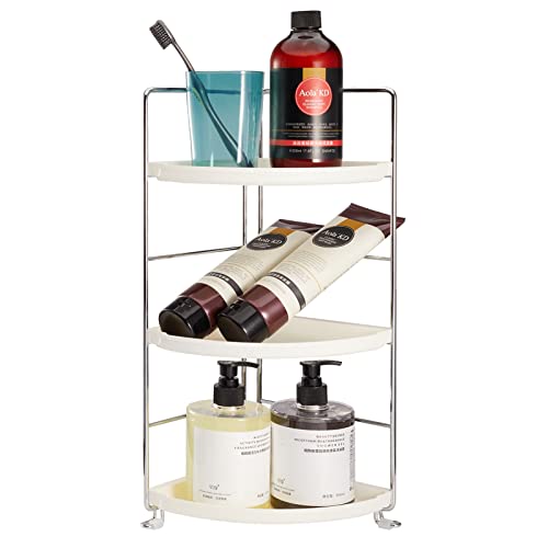 3-Tier Corner Makeup Shelf Organizer, Bathroom Countertop Storage Shelf Cosmetic Organizer Holder Standing Vanity Tray Kitchen Spice Rack, White and Silver