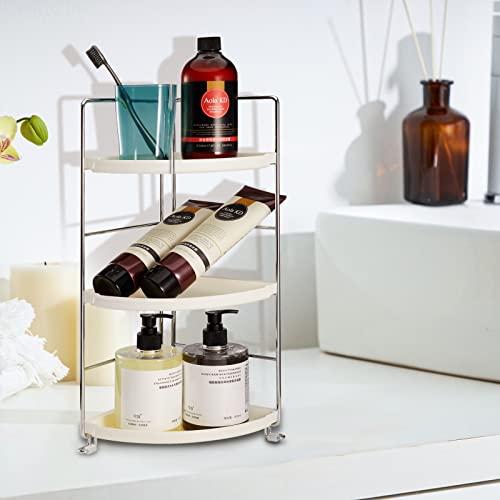 3-Tier Corner Makeup Shelf Organizer, Bathroom Countertop Storage Shelf Cosmetic Organizer Holder Standing Vanity Tray Kitchen Spice Rack, White and Silver