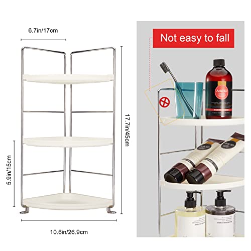 3-Tier Corner Makeup Shelf Organizer, Bathroom Countertop Storage Shelf Cosmetic Organizer Holder Standing Vanity Tray Kitchen Spice Rack, White and Silver