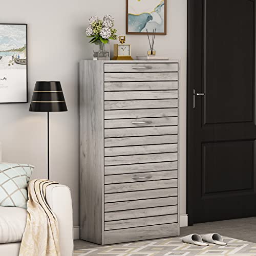 AGOTENI Shoe Cabinet, Grey Narrow Shoe Cabinet with 3 Flip Doors & Adjustable Shelf, Modern Shoe Storage Cabinet for Entryway Hallway (22.4”W x 9.4”D x 42.3”H)