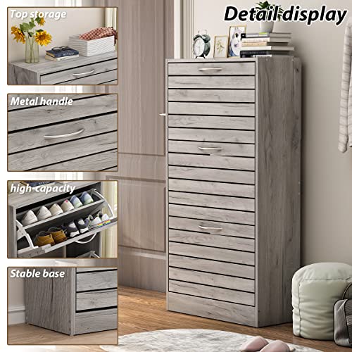 AGOTENI Shoe Cabinet, Grey Narrow Shoe Cabinet with 3 Flip Doors & Adjustable Shelf, Modern Shoe Storage Cabinet for Entryway Hallway (22.4”W x 9.4”D x 42.3”H)