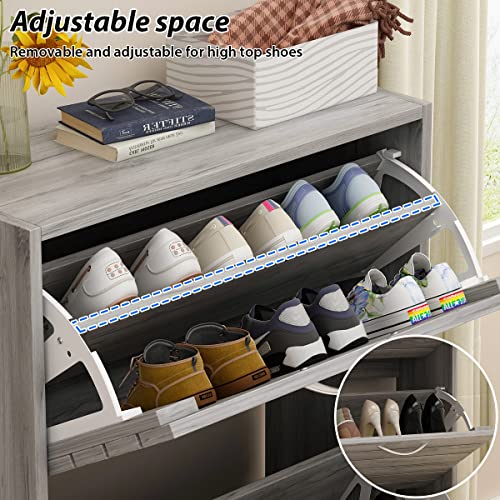 AGOTENI Shoe Cabinet, Grey Narrow Shoe Cabinet with 3 Flip Doors & Adjustable Shelf, Modern Shoe Storage Cabinet for Entryway Hallway (22.4”W x 9.4”D x 42.3”H)