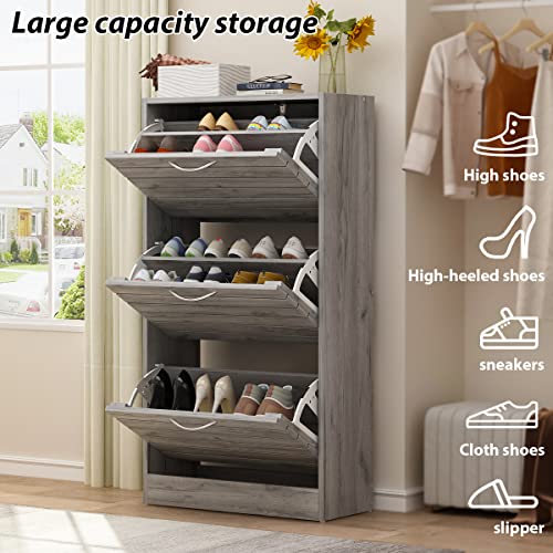 AGOTENI Shoe Cabinet, Grey Narrow Shoe Cabinet with 3 Flip Doors & Adjustable Shelf, Modern Shoe Storage Cabinet for Entryway Hallway (22.4”W x 9.4”D x 42.3”H)