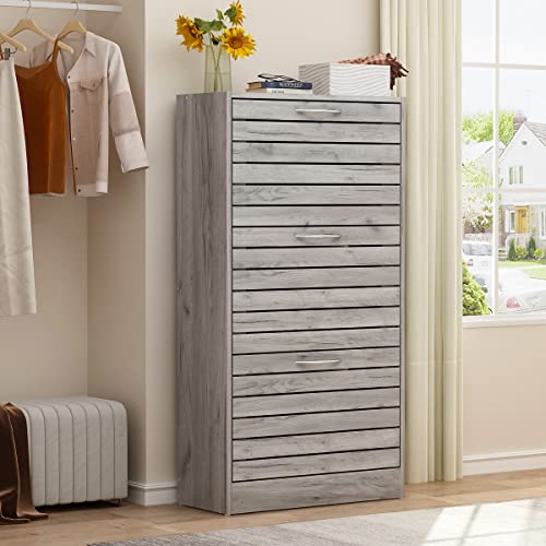 AGOTENI Shoe Cabinet, Grey Narrow Shoe Cabinet with 3 Flip Doors & Adjustable Shelf, Modern Shoe Storage Cabinet for Entryway Hallway (22.4”W x 9.4”D x 42.3”H)