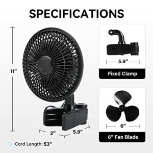 HealSmart 6 inch Clip Fan, Portable Grow Tent Fan, 2-speeds 90° Oscillating Small Clamp Fan with 15W 53" Plug Cord for Stroller Bed, Table, Desk, Bunk, Dorm (Black)