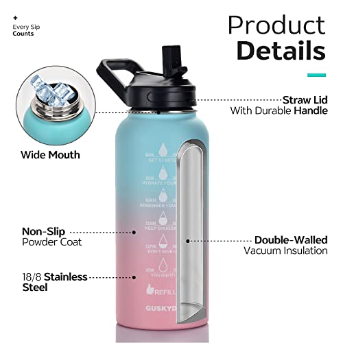 GUSKYDO 32 oz Vacuum Insulated Stainless Steel Water Bottle with Straw & Spout Lid -Leak Proof Water Bottle with Times Marker to Drink - Hot &Cold Double Wall Thermos Sports Water Flask (Pink/Blue)