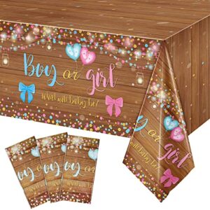 3 pieces gender reveal tablecloth boots or bows gender reveal decorations plastic pink and blue table cloths disposable what will baby be table cover for boy girl baby shower supplies, 54 x 108 inch