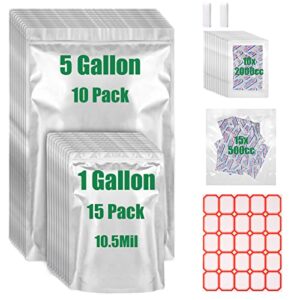 5 gallon mylar bags for food storage,10.5 mil mylar bags with oxygen absorbers 2000cc-25 mylar bags 5 gallon & 1 gallon,stand-up zipper resealable bags & heat sealable food storage bags + labels