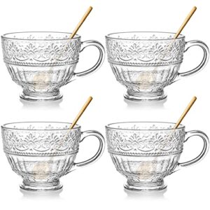 avla 4 pack glass coffee mugs, 16 oz clear tea cups with handle and spoons, crystal drinking glassware for latte, cappuccino, americano, juice, hot beverage, water, dishwasher & microwave safe