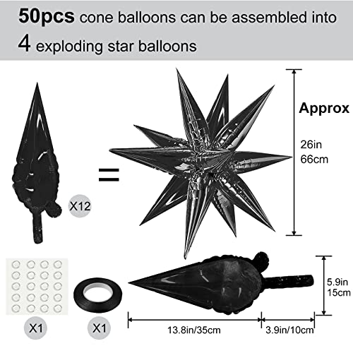 MIAHART 50 Pcs Black Starburst Cone Mylar Balloons 26 inch Black Foil Star Balloons Large Black Point Star Balloons for Birthday Wedding Christmas Baby Shower Party Supplies