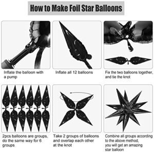 MIAHART 50 Pcs Black Starburst Cone Mylar Balloons 26 inch Black Foil Star Balloons Large Black Point Star Balloons for Birthday Wedding Christmas Baby Shower Party Supplies