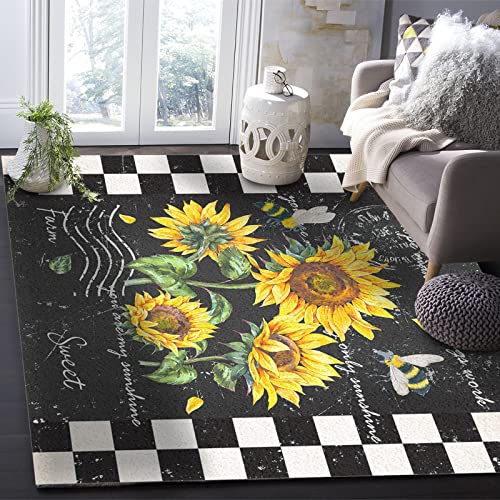 4' x 6' Sunflower Black Area Rug,Rustic Bee White Buffalo Plaid Check Outdoor Indoor Washable Carpet Area+Rug for Living Room,Kids/Boys/Girls Bedroom,Bathroom,Classroom,Kitchen,Hallway,Throw Floor Mat