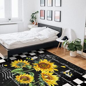 4' x 6' Sunflower Black Area Rug,Rustic Bee White Buffalo Plaid Check Outdoor Indoor Washable Carpet Area+Rug for Living Room,Kids/Boys/Girls Bedroom,Bathroom,Classroom,Kitchen,Hallway,Throw Floor Mat