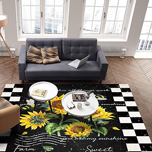 4' x 6' Sunflower Black Area Rug,Rustic Bee White Buffalo Plaid Check Outdoor Indoor Washable Carpet Area+Rug for Living Room,Kids/Boys/Girls Bedroom,Bathroom,Classroom,Kitchen,Hallway,Throw Floor Mat