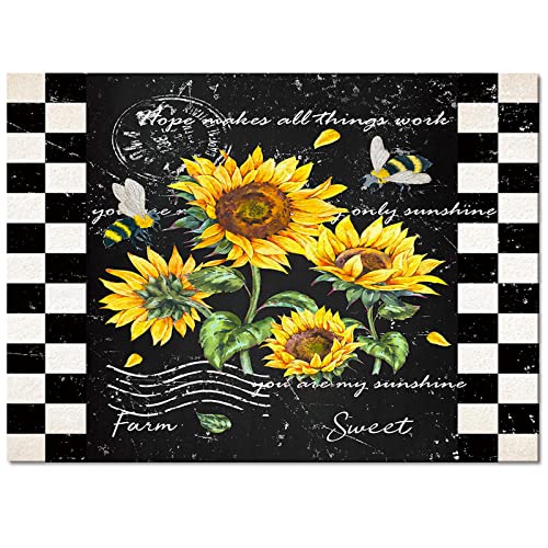 4' x 6' Sunflower Black Area Rug,Rustic Bee White Buffalo Plaid Check Outdoor Indoor Washable Carpet Area+Rug for Living Room,Kids/Boys/Girls Bedroom,Bathroom,Classroom,Kitchen,Hallway,Throw Floor Mat