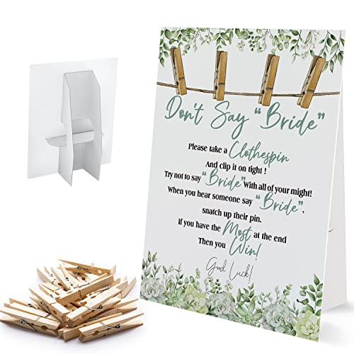 Don't Say Bride Sign,Bride Shower Clothespin Game，Includes a 8x11 Standing Sign and 50 Mini Natural Clothespins - BIG005